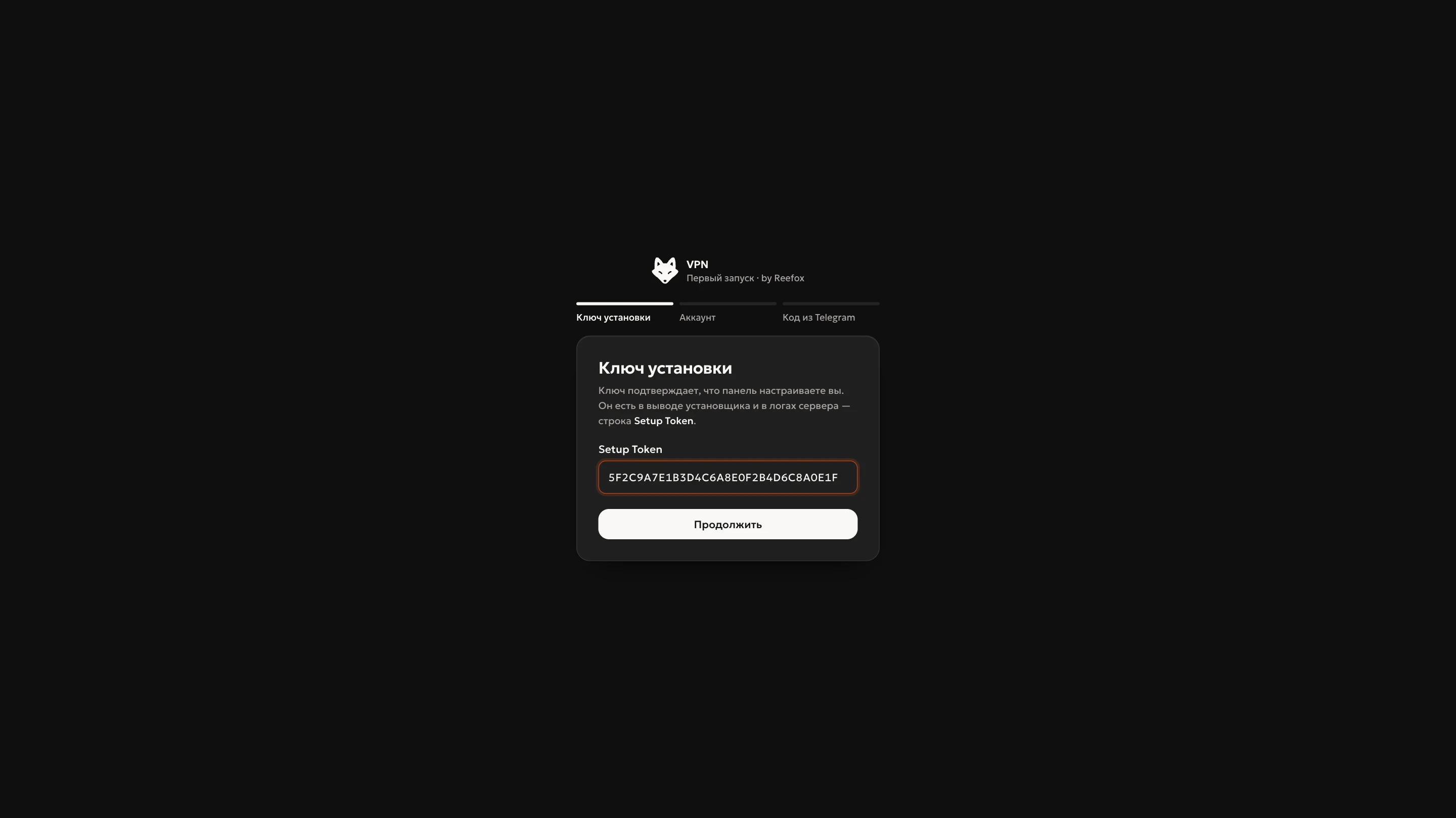 Шаг «Ключ установки»: поле Setup Token и кнопка «Продолжить»